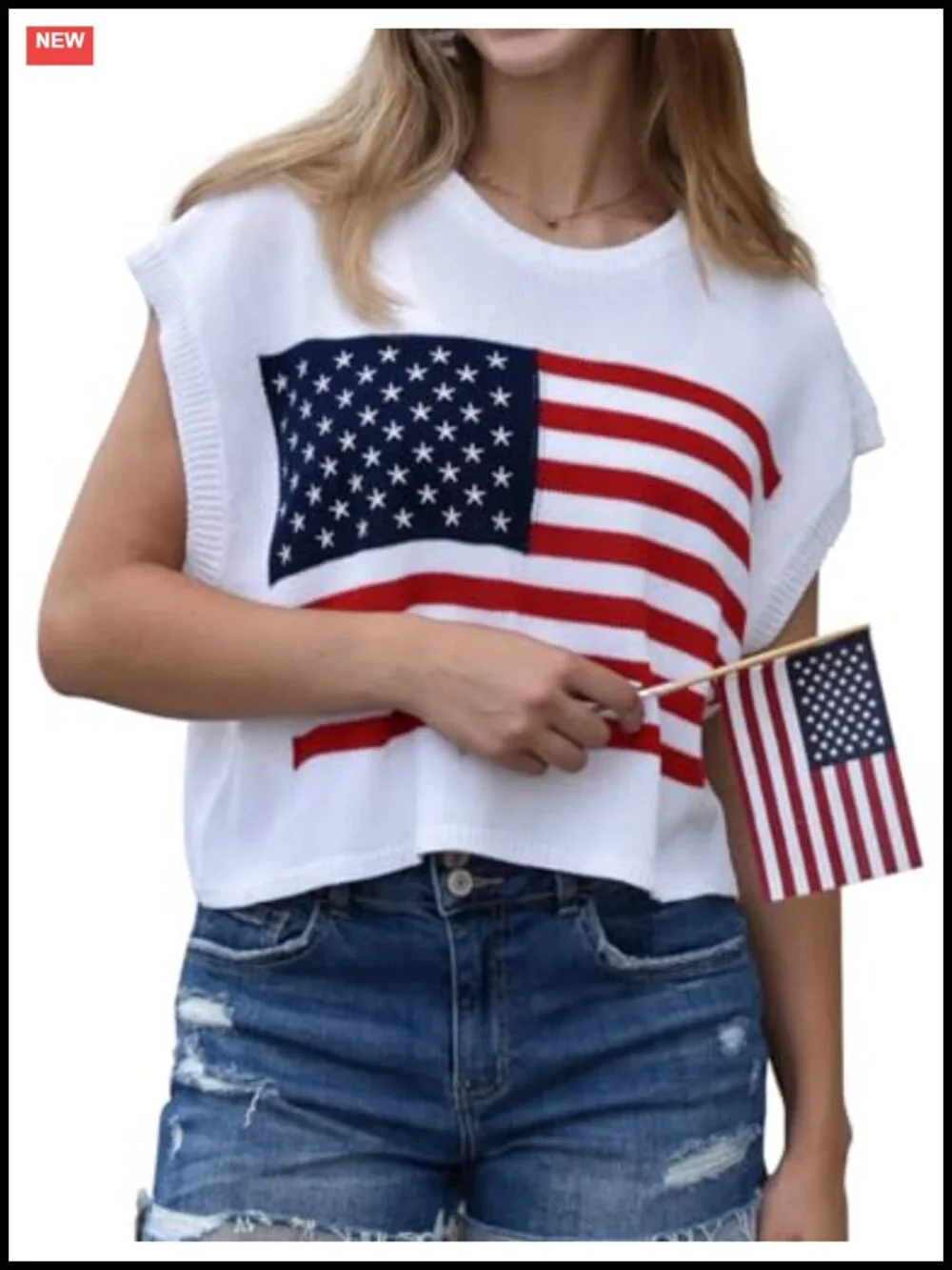 American Flag Cap Sleeve Crew Neck Summer Knit Pullover Top